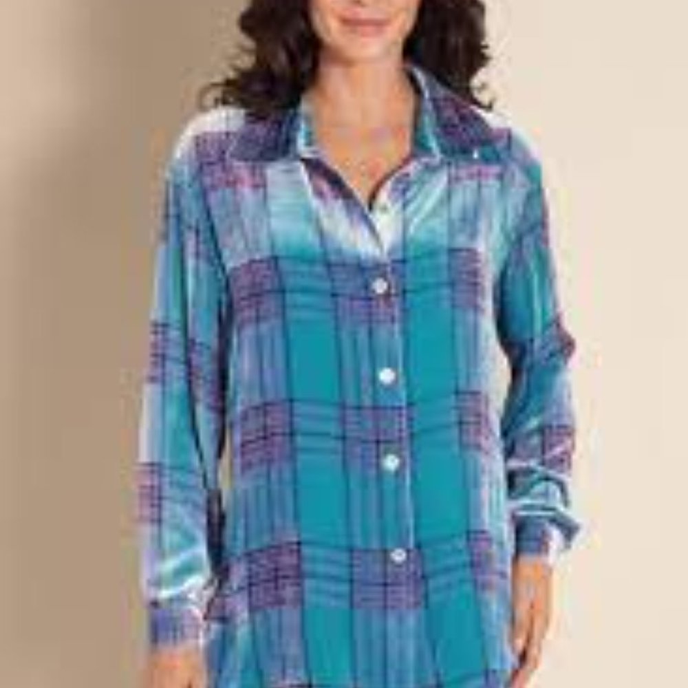 Soft Surroundings Velvet Woman’s Top Boyfriend Shirt Size Large Teal Blue Purple - Picture 1 of 8